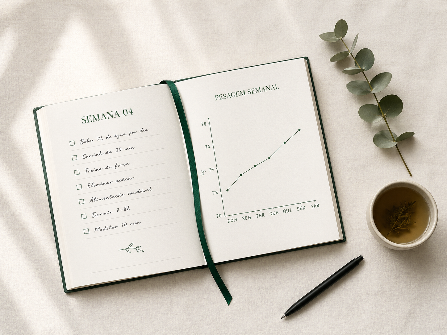 Planner aberto sobre mesa com registro semanal e gráfico de pesagem.